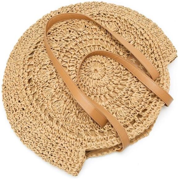 Khaki Straw Bag Round Summer Straw Large Woven Beach Bag Purse For Women - Picture 5 of 7